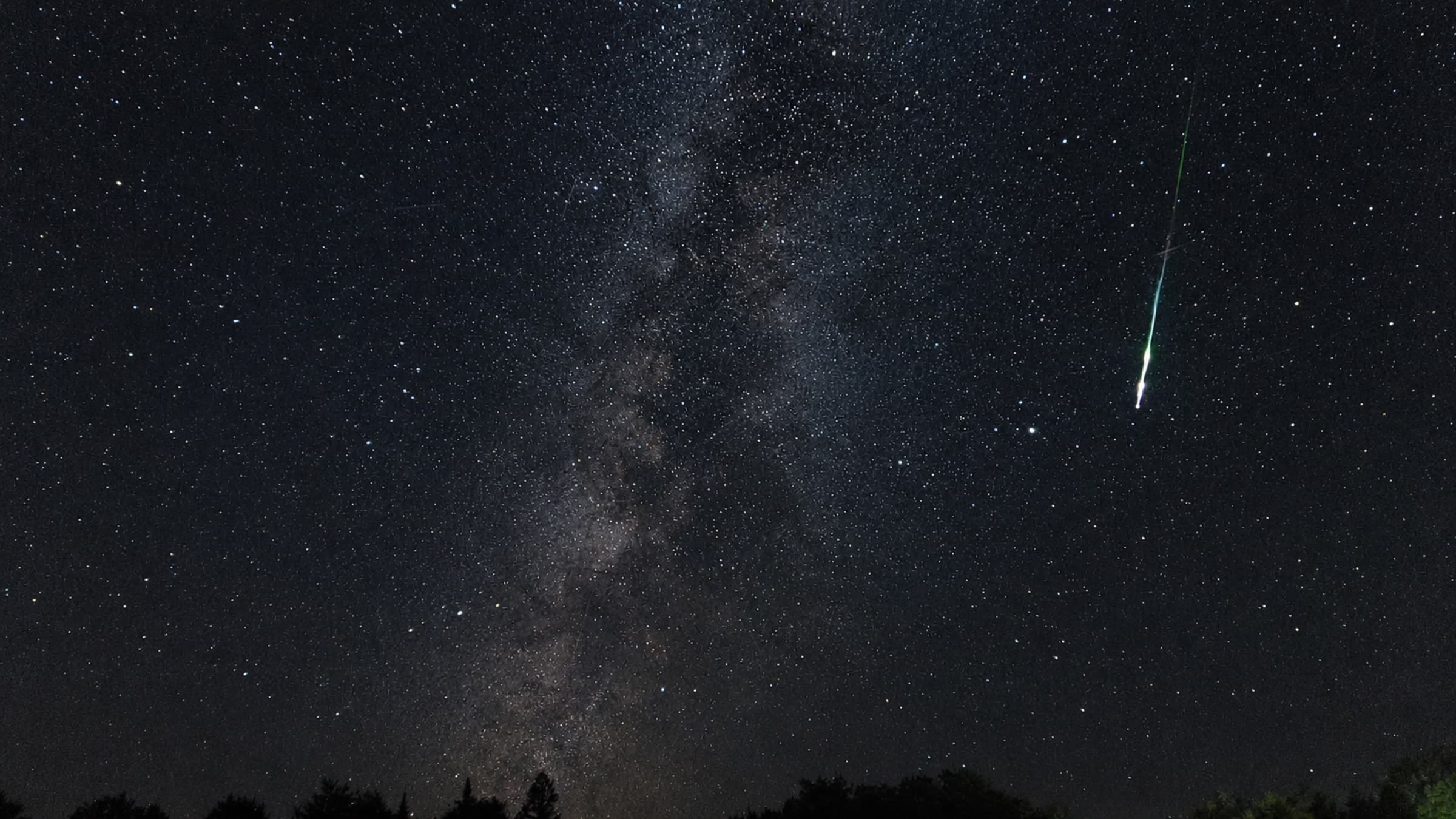 A bright meteor streaking beside the Milky Way over silhouetted trees