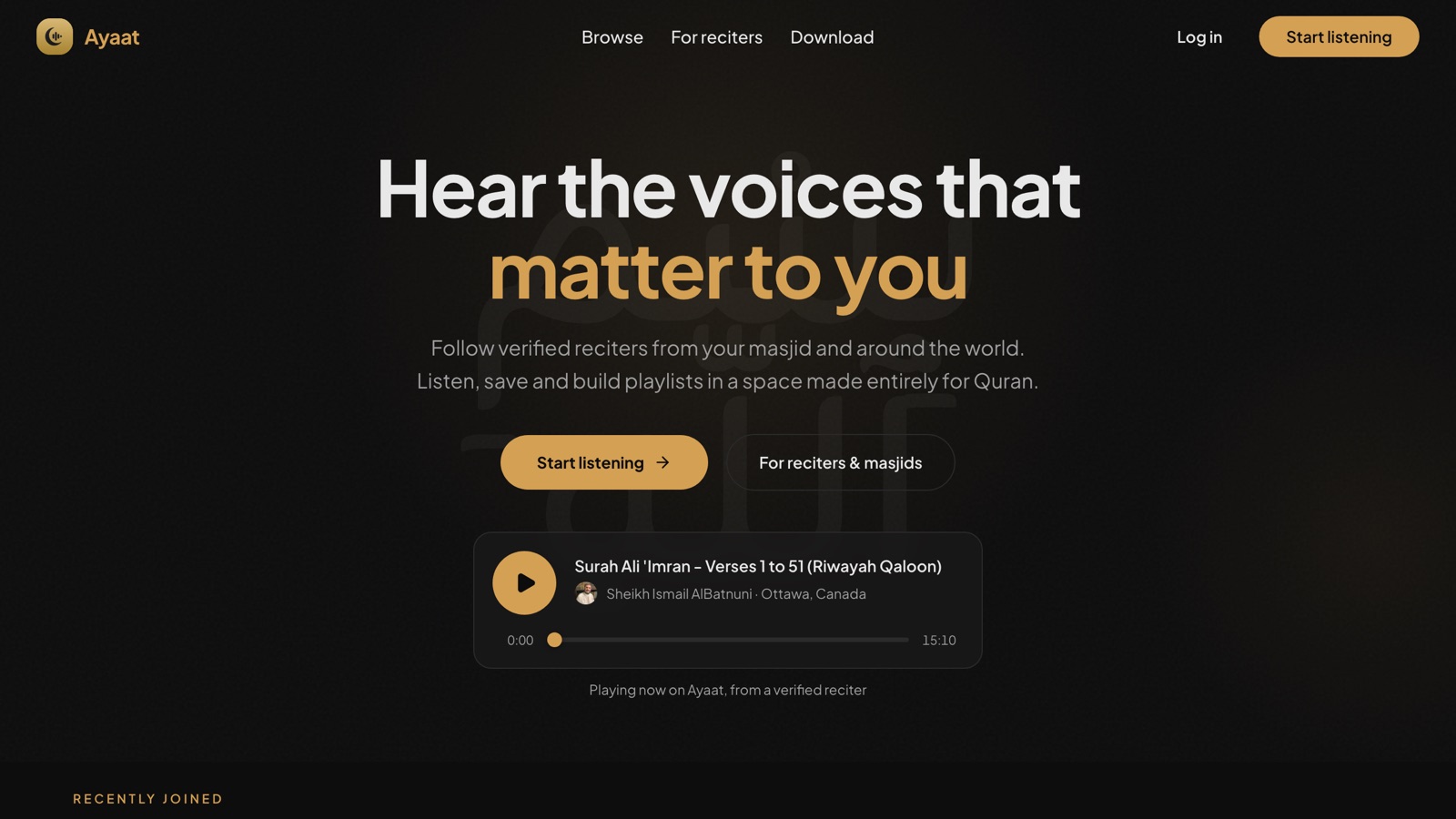 The Ayaat web app at ayaatapp.com