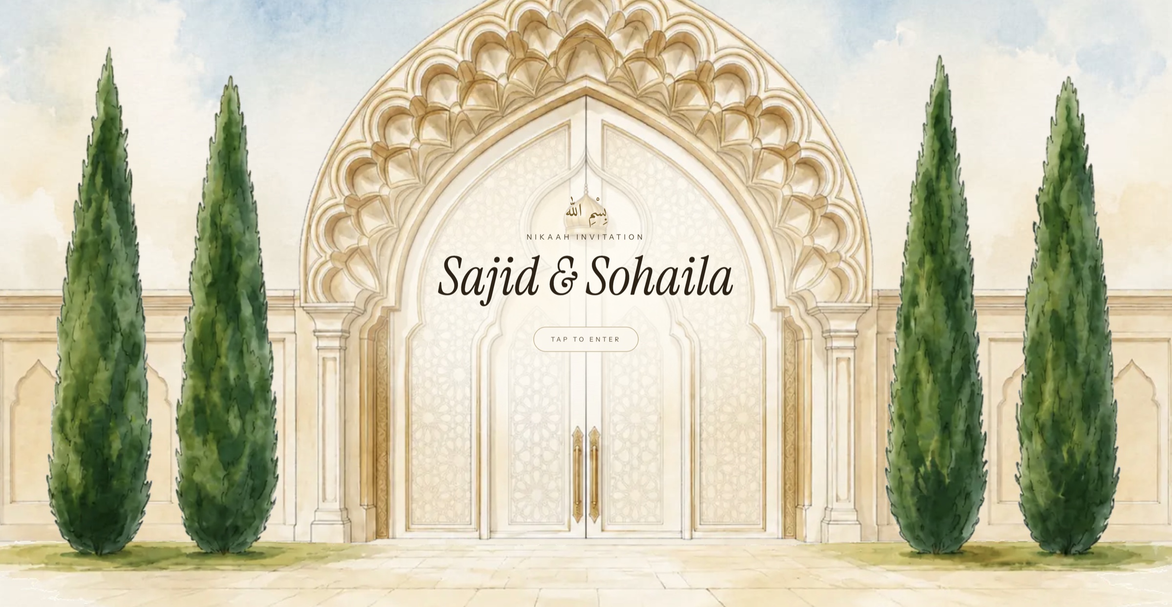 Wedding RSVP invitation landing, a watercolor archway with Tap to Enter